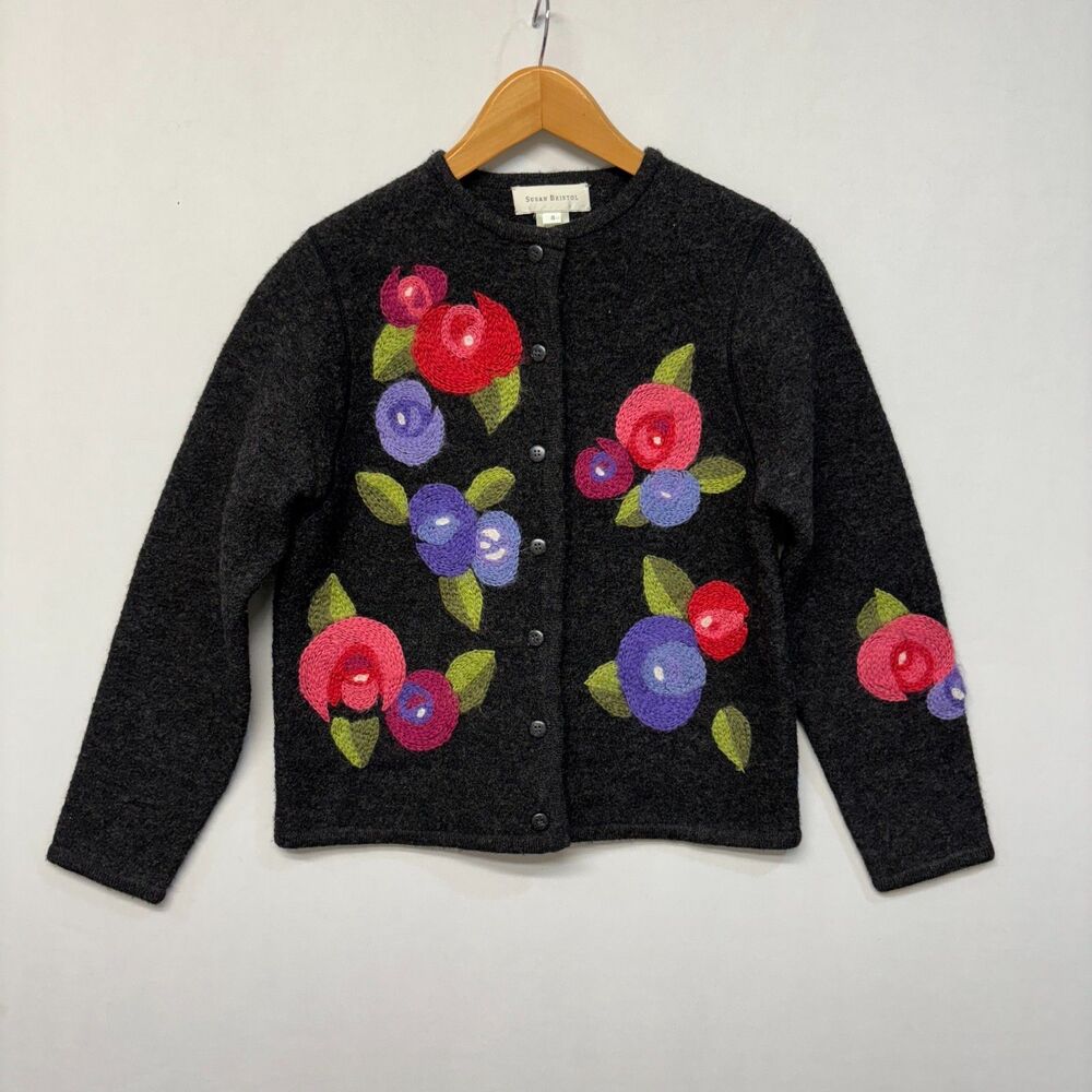 Vintage Susan Bristol 100% Wool Cardigan Sweater Size Small Embroidered D049 -10